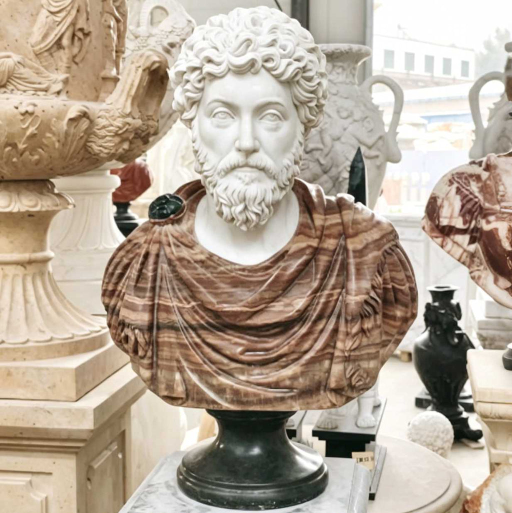 Marcus Aurelius two-tone marble bust with sienna onyx drapery