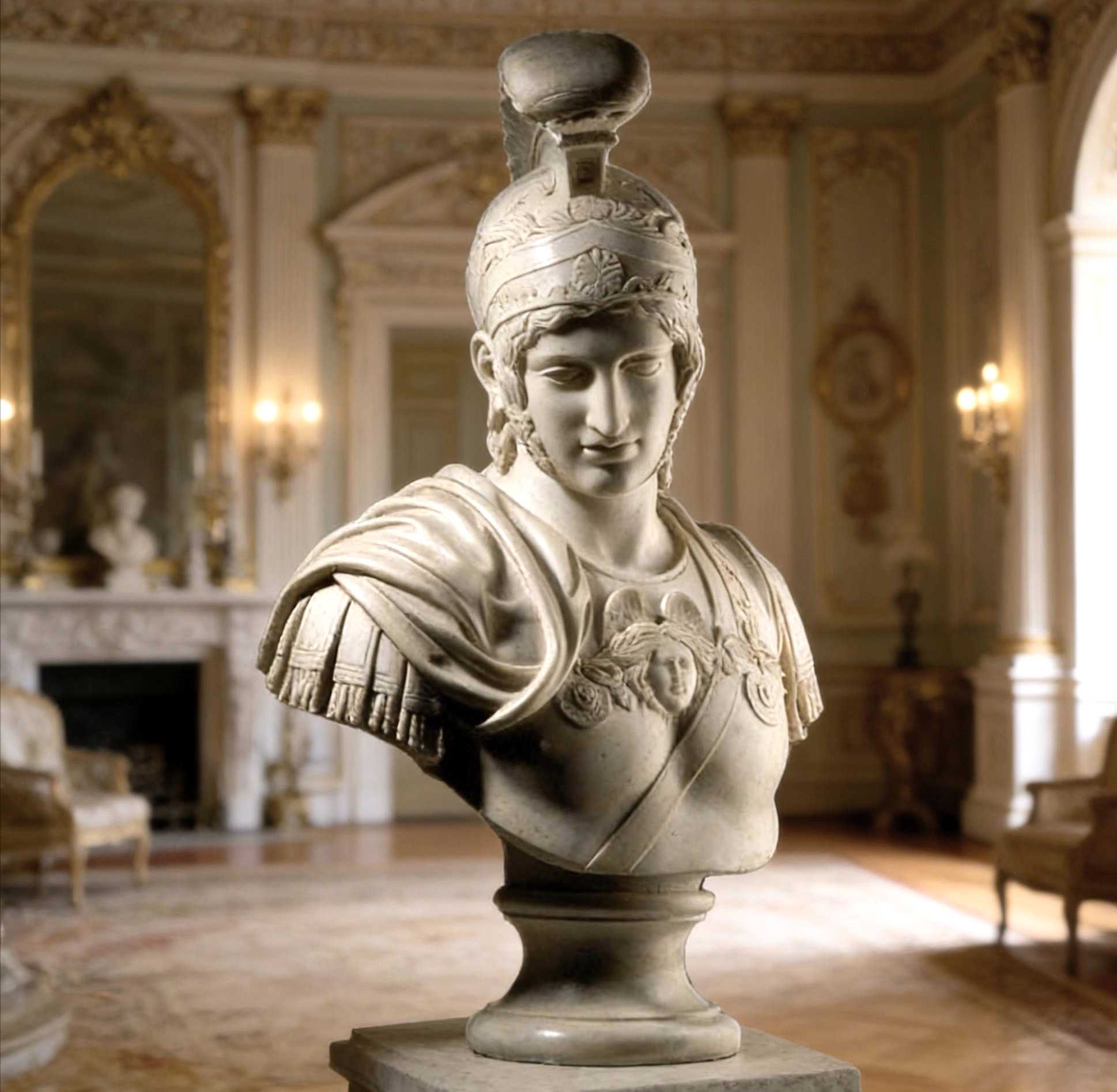 Athena Minerva helmeted marble bust in antique white marble