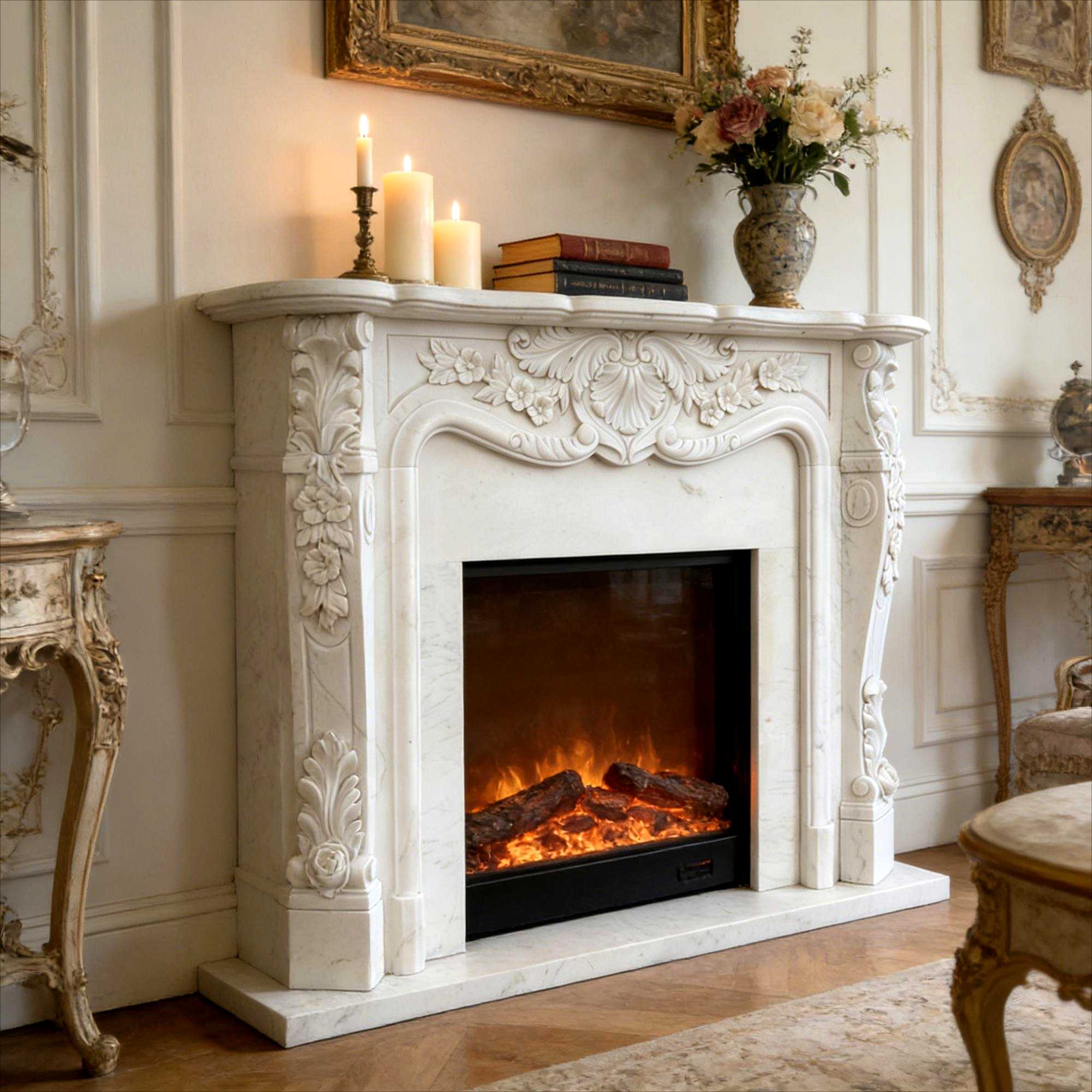 Louis XV rococo white marble fireplace mantel with carved shell cartouche
