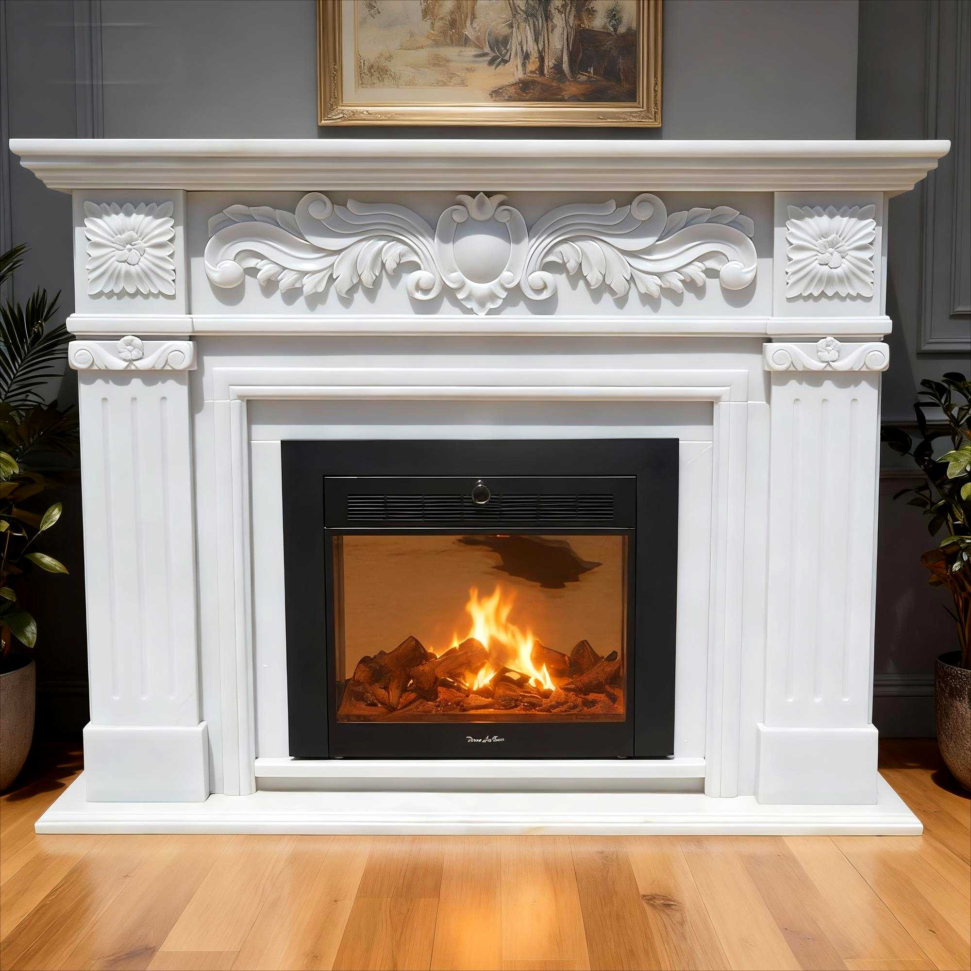 Neoclassical carved white marble fireplace mantel with fluted columns