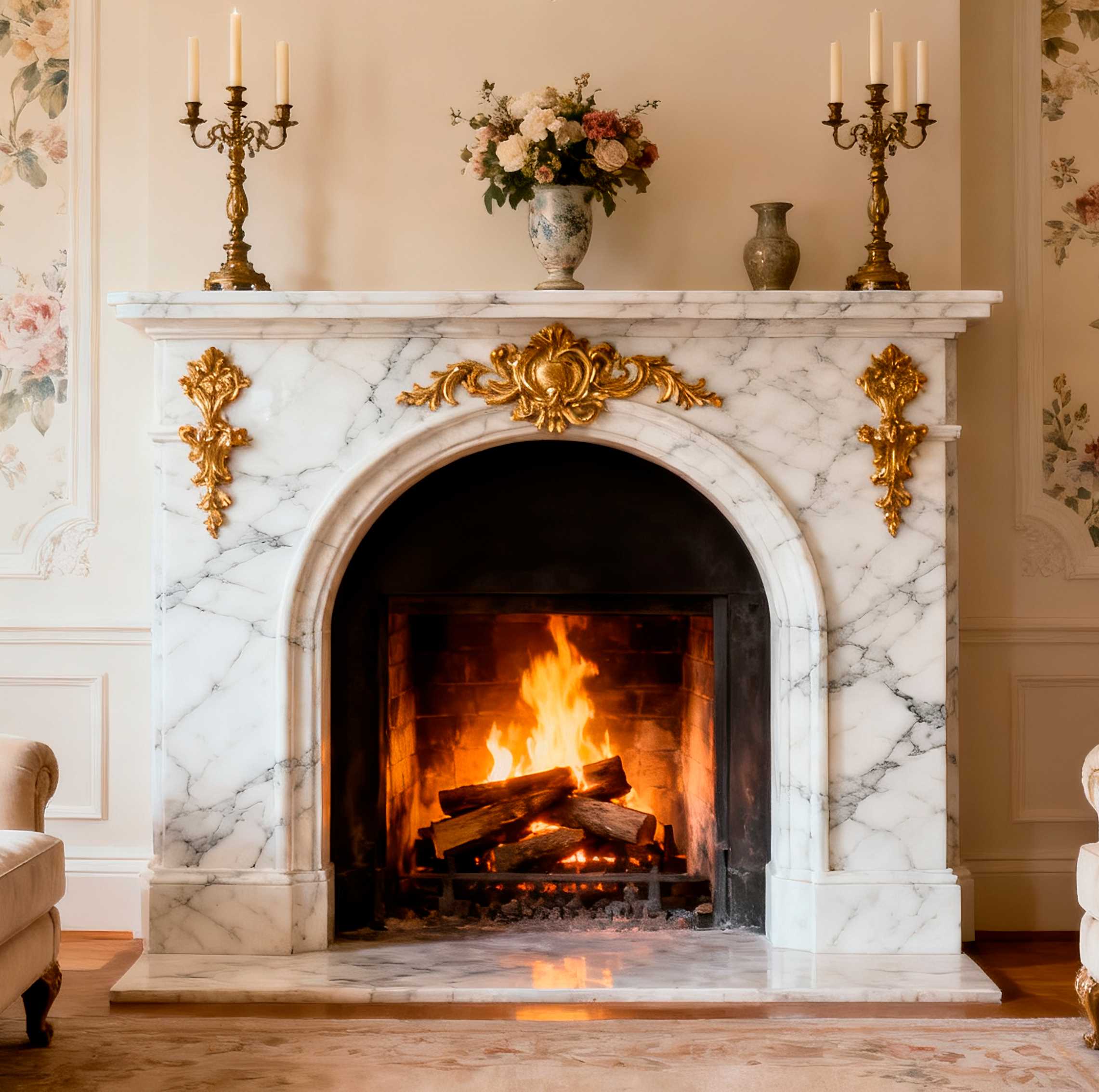Arched Carrara marble fireplace mantel with gilt bronze ormolu mounts