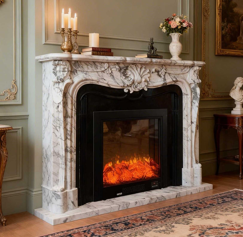 Arabescato veined marble French rococo fireplace mantel