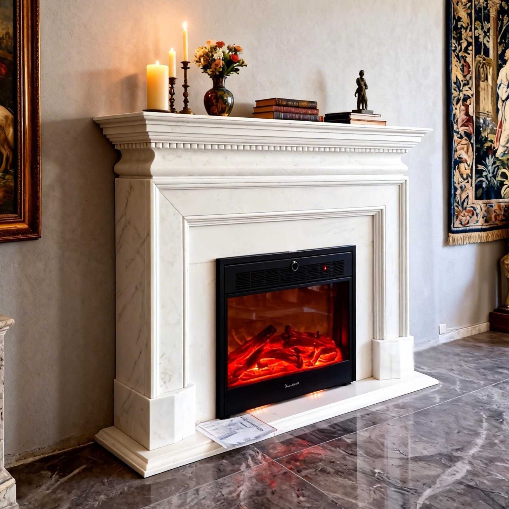 Classical white marble bolection fireplace mantel with dentil cornice