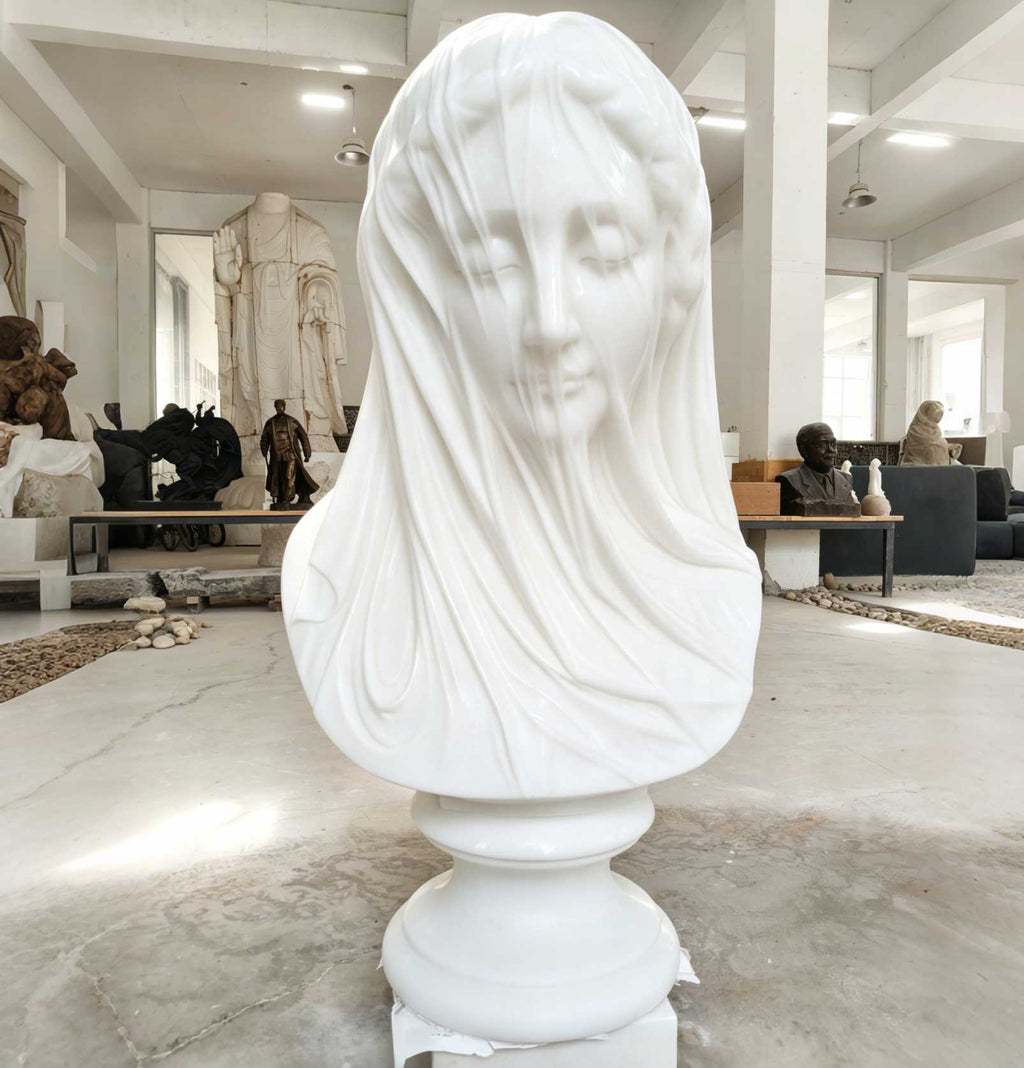 Veiled Virgin marble bust in pure white statuary marble