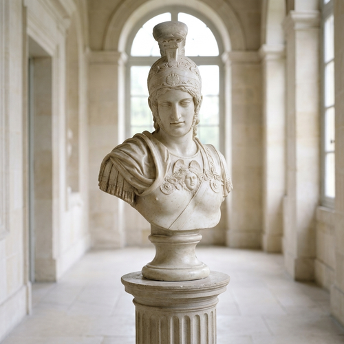 Athena Minerva marble bust on pedestal in neoclassical hallway