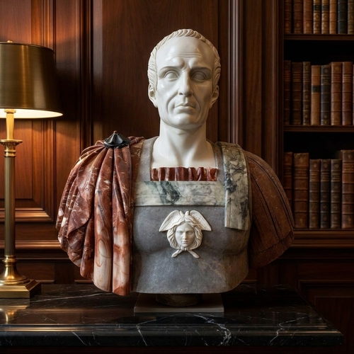 Julius Caesar marble bust styled in a wood-paneled study