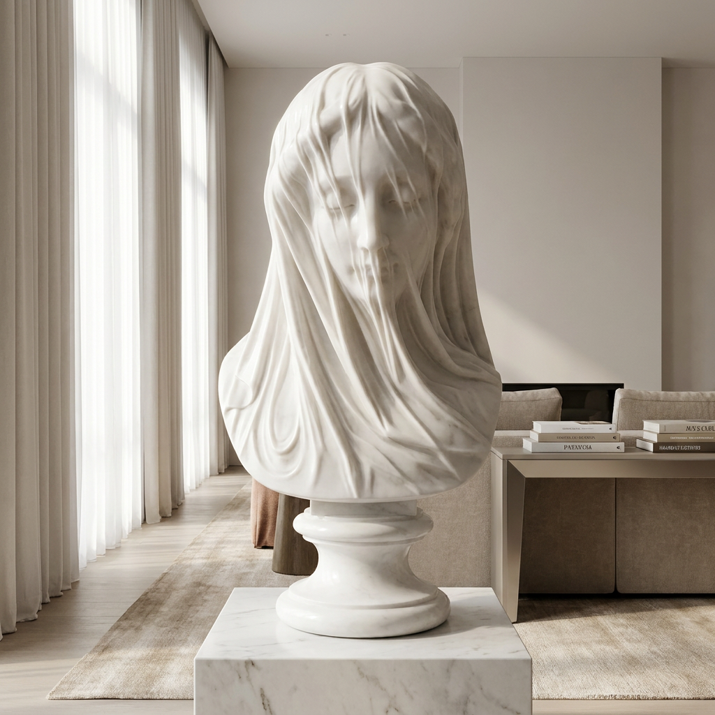 Veiled Virgin marble bust by a window with soft morning light