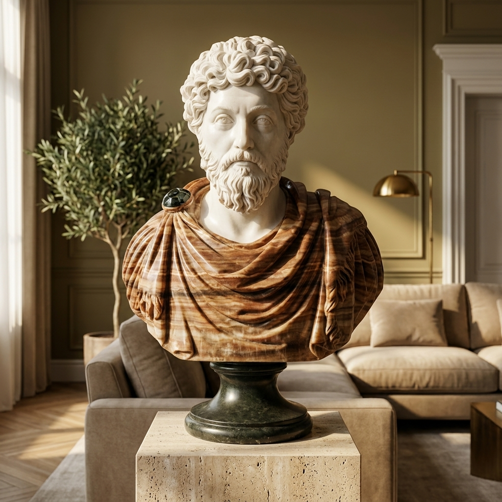Marcus Aurelius marble bust styled in a modern classical living room