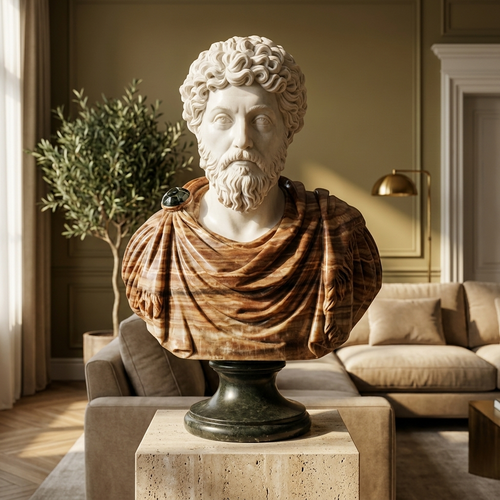 Marcus Aurelius marble bust styled in a modern classical living room