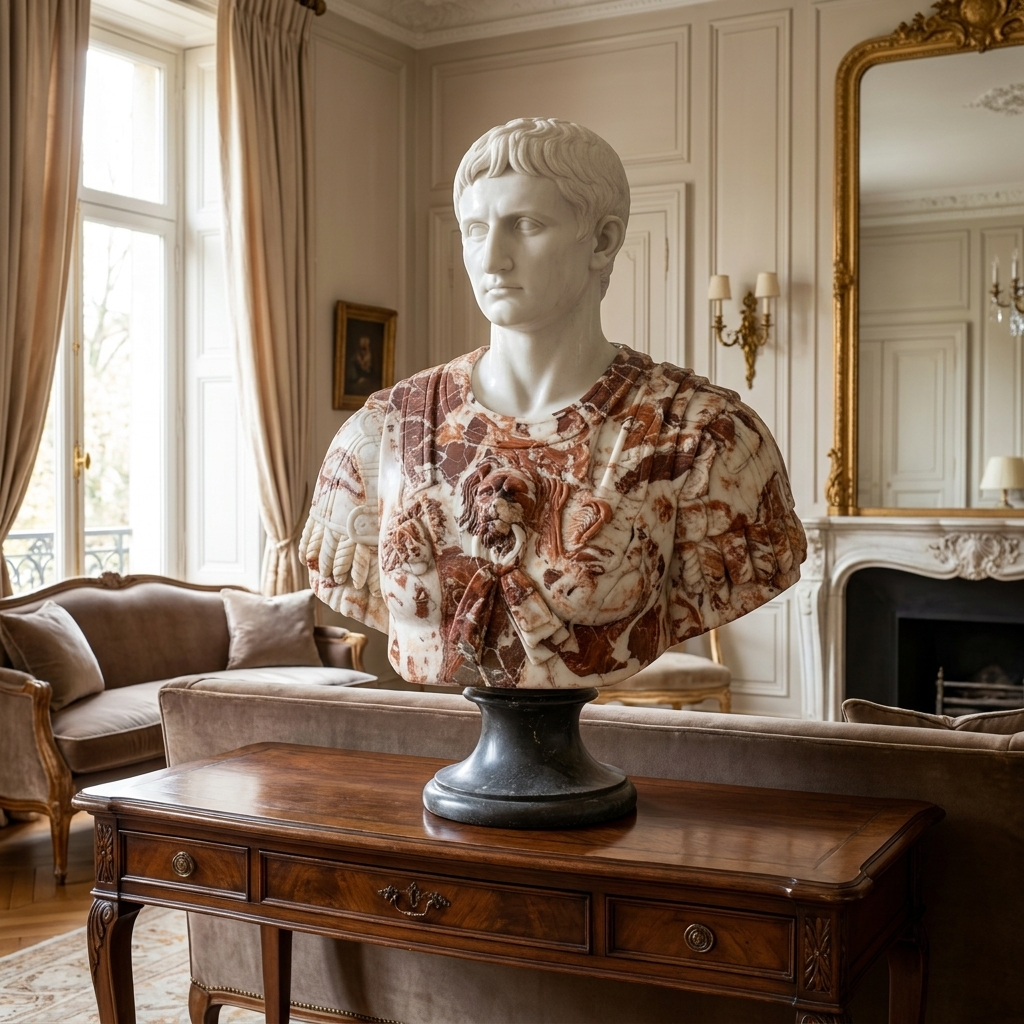 Augustus of Prima Porta marble bust styled in a classical living room