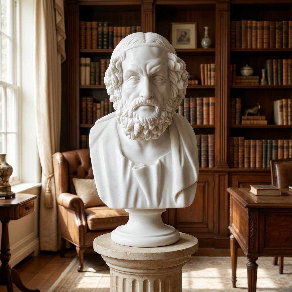 Homer marble bust styled in a refined study with bookshelves