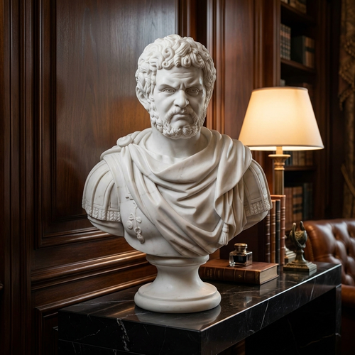 Caracalla marble bust on a black marble console in a study