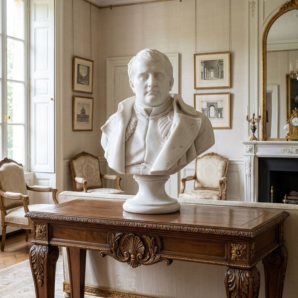 Napoleon Bonaparte marble bust styled in a neoclassical drawing room