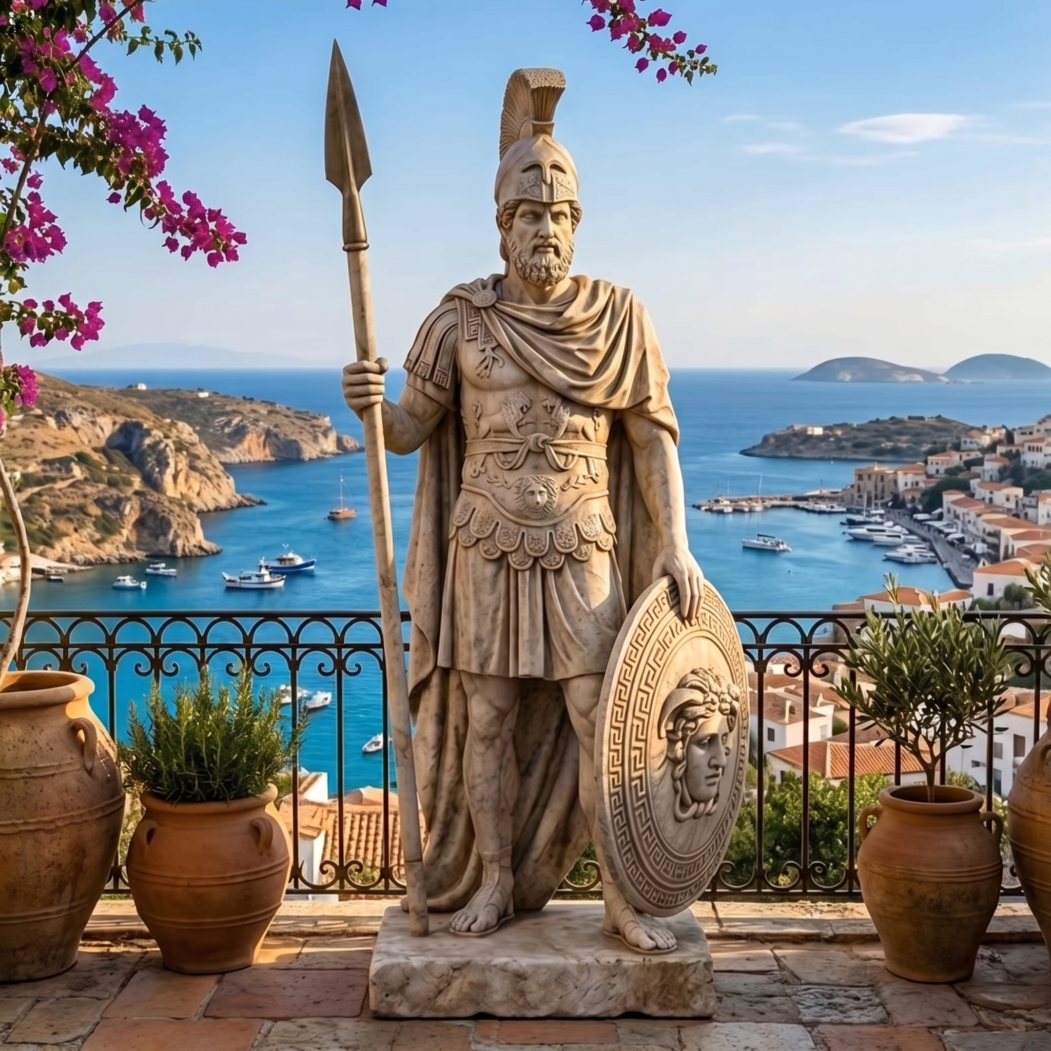 Mars god of war marble statue, hand-carved warrior with spear and Medusa shield