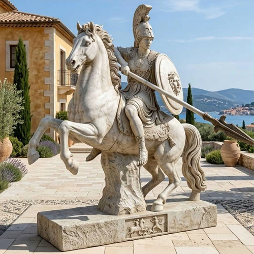 Athena on horseback marble statue, hand-carved equestrian with spear and Medusa shield